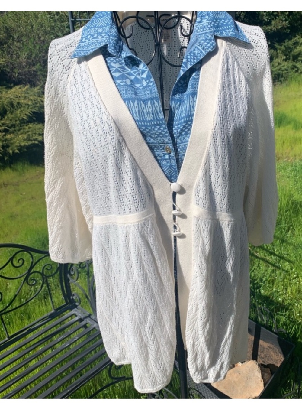 DKNY Cream Openwork Button-Front Cardigan with Three-Quarter Sleeves